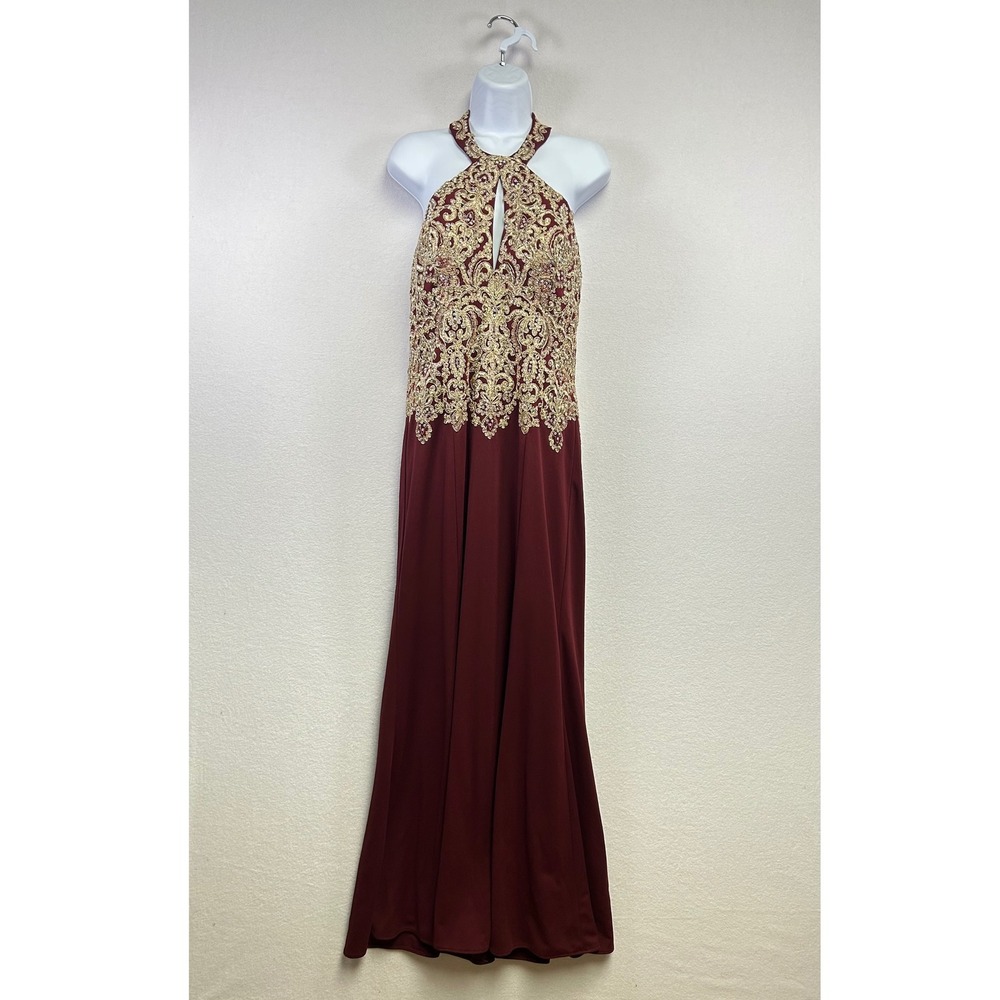 Dave & Johnny Burgundy Gold Lace Halter Keyhole Maxi Formal Dress Size 7/8‎